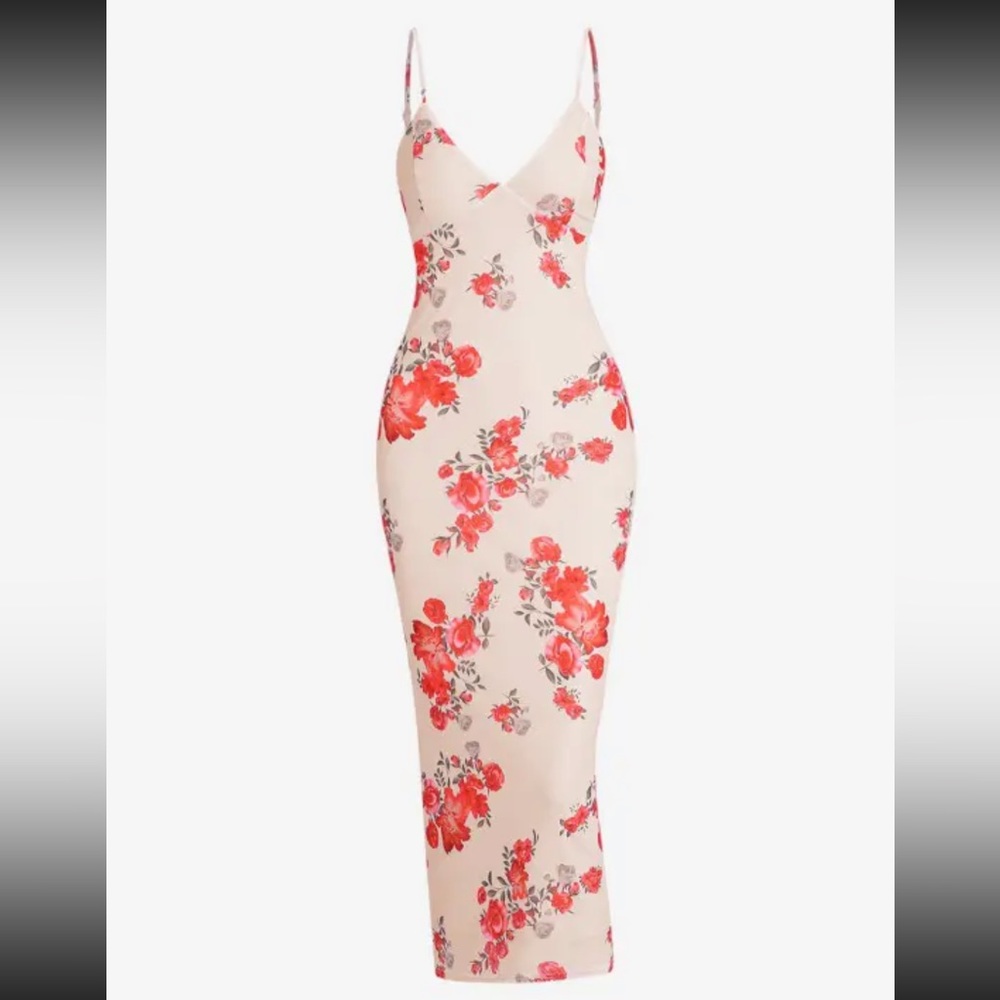 V Neck Floral Print Mesh - Midi Bodycon Dress